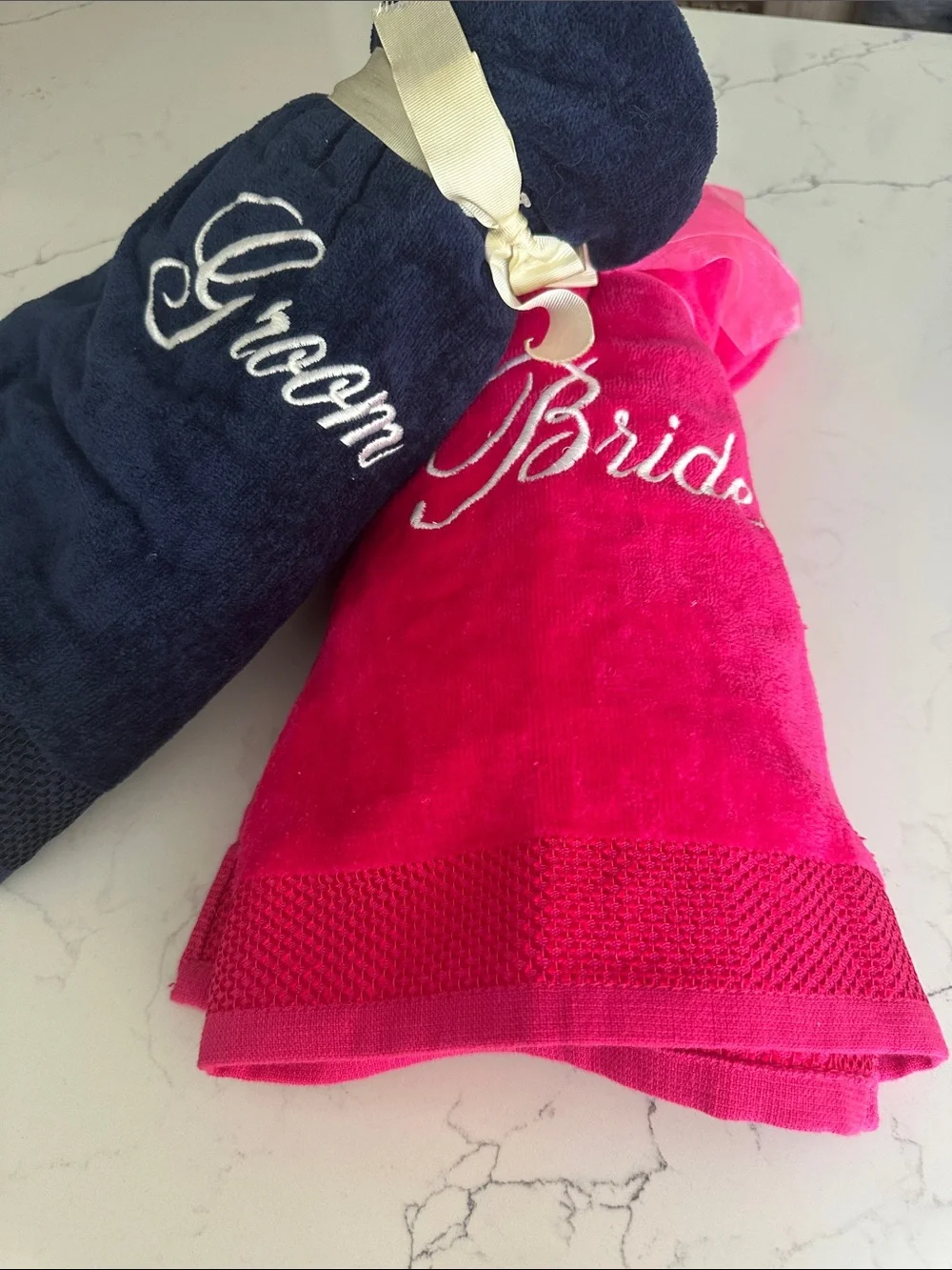 Bride & Groom Embroidered Cotton Bath Towels - Pink and Navy